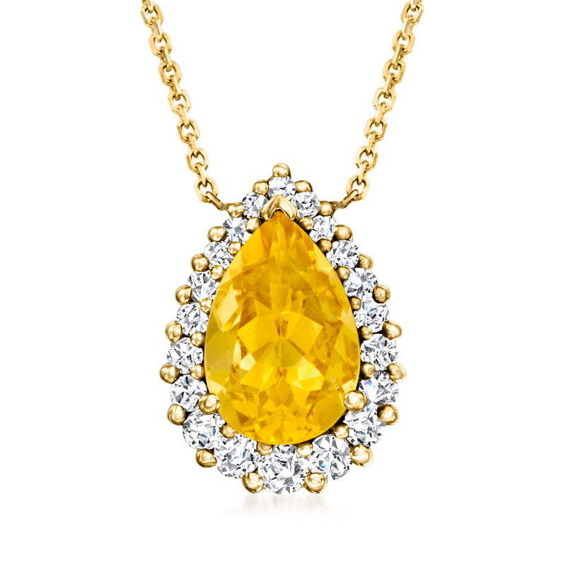 14kt yellow gold necklace with pear citrine and diamond halo pendant