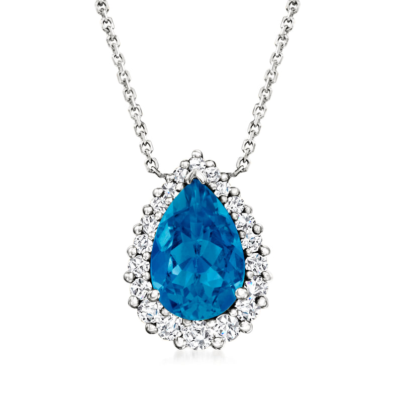 14kt white gold necklace with pear-cut London blue topaz and diamond halo