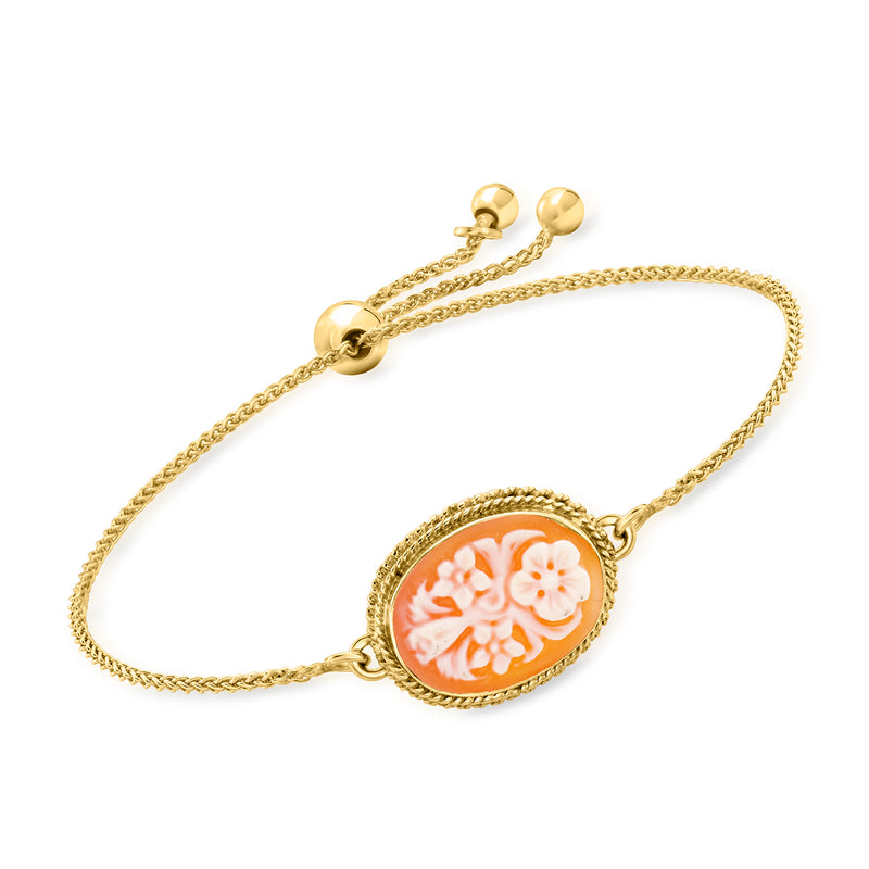 18kt gold over sterling bracelet with oval orange flower shell cameo, chain and clasp