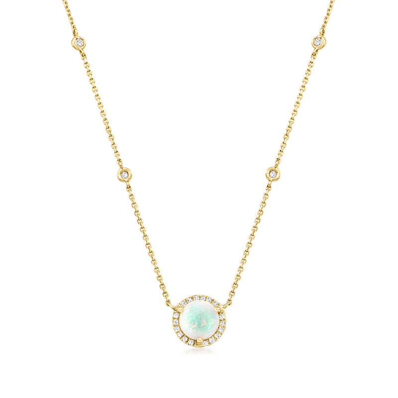 14kt yellow gold necklace with round opal pendant and diamond halo accent