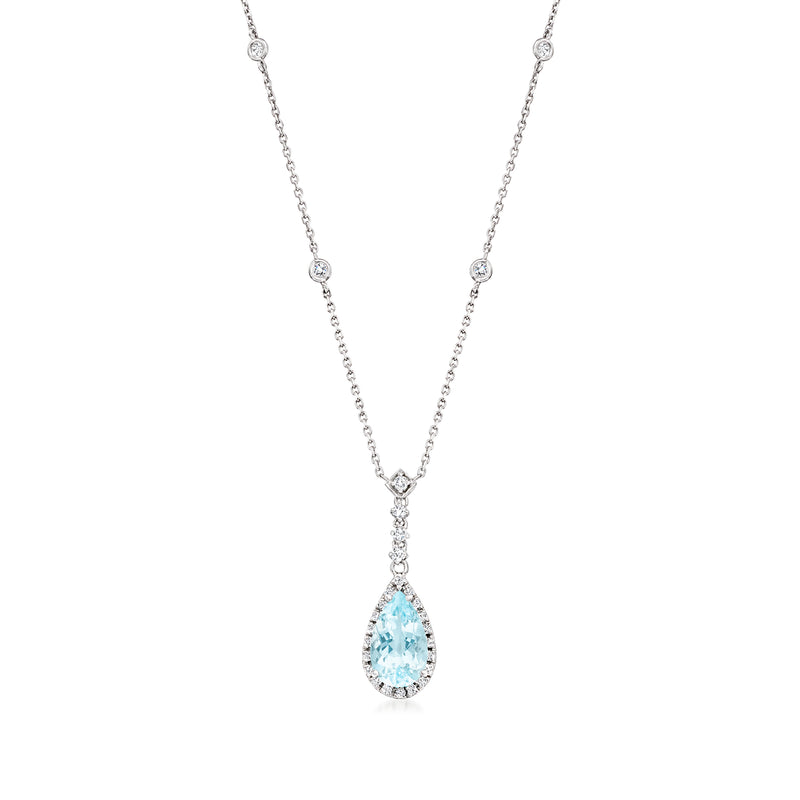14kt white gold Y-necklace with pear aquamarine drop and small diamond accents