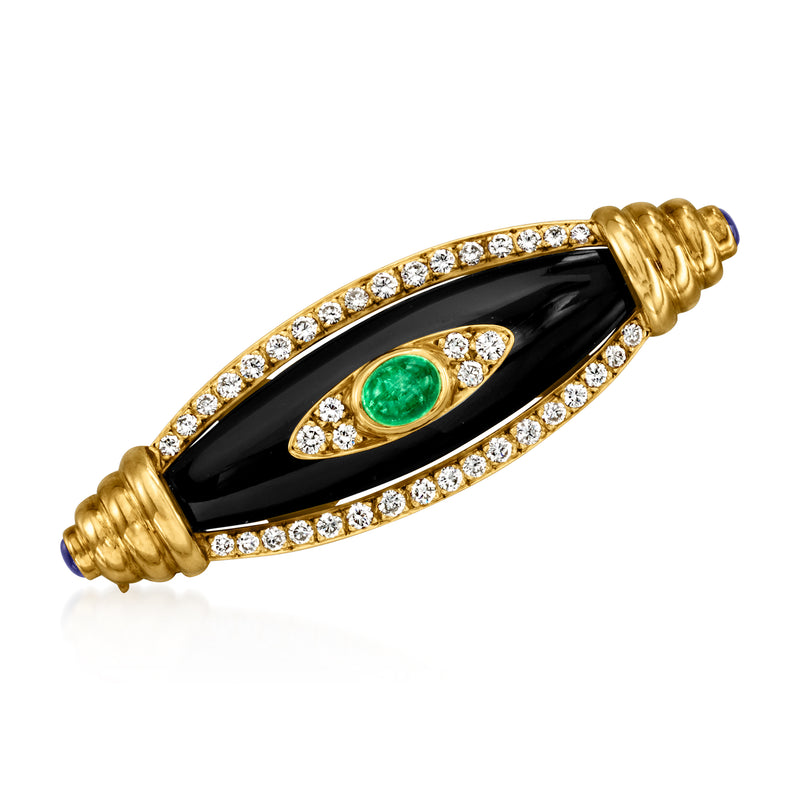 Vintage onyx and emerald diamond oval pin in 18kt yellow gold with ribbed ends