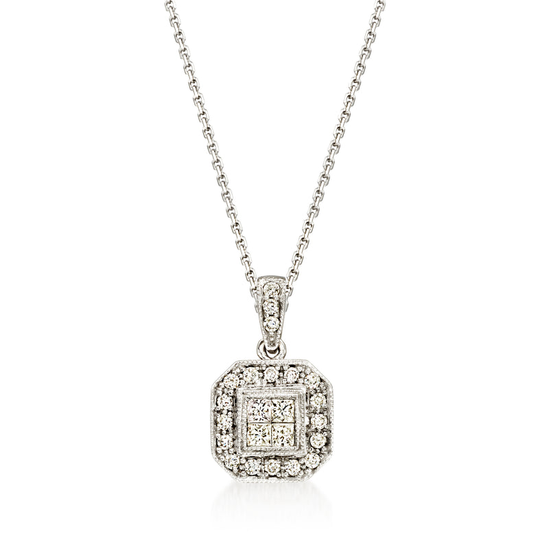14kt white gold diamond pendant necklace with square halo centerpiece and link chain