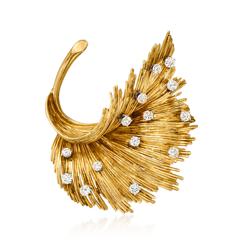 14kt yellow gold diamond leaf fan pin with curved bar detail
