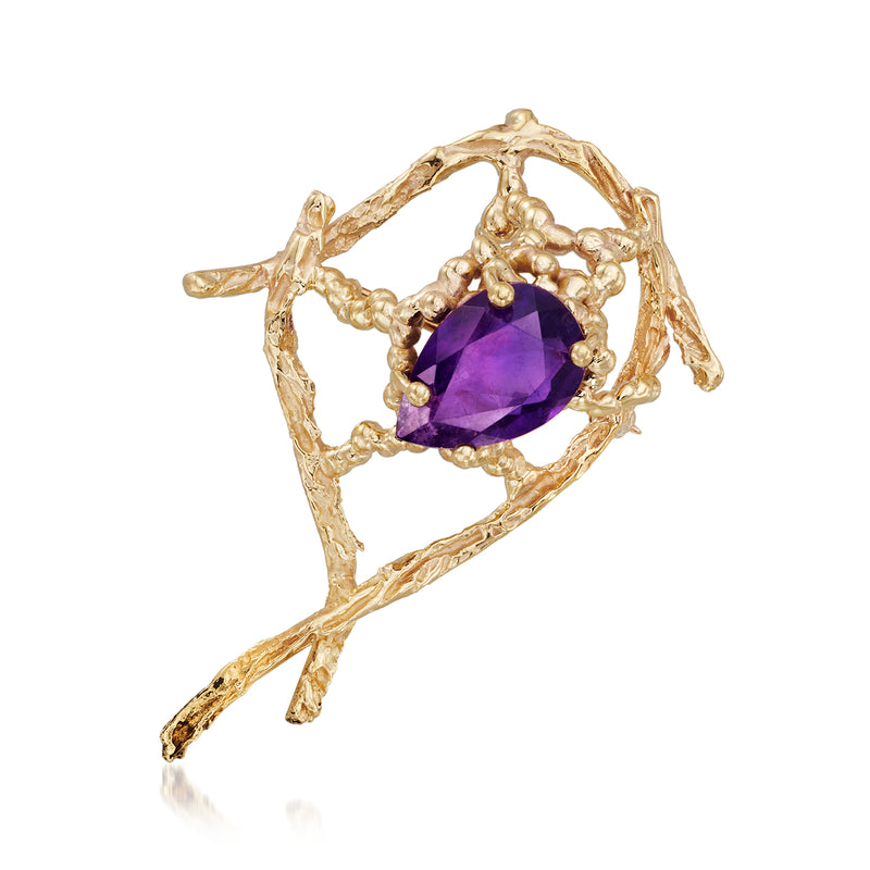 Vintage abstract amethyst pin with purple gemstone set in textured 14kt yellow gold