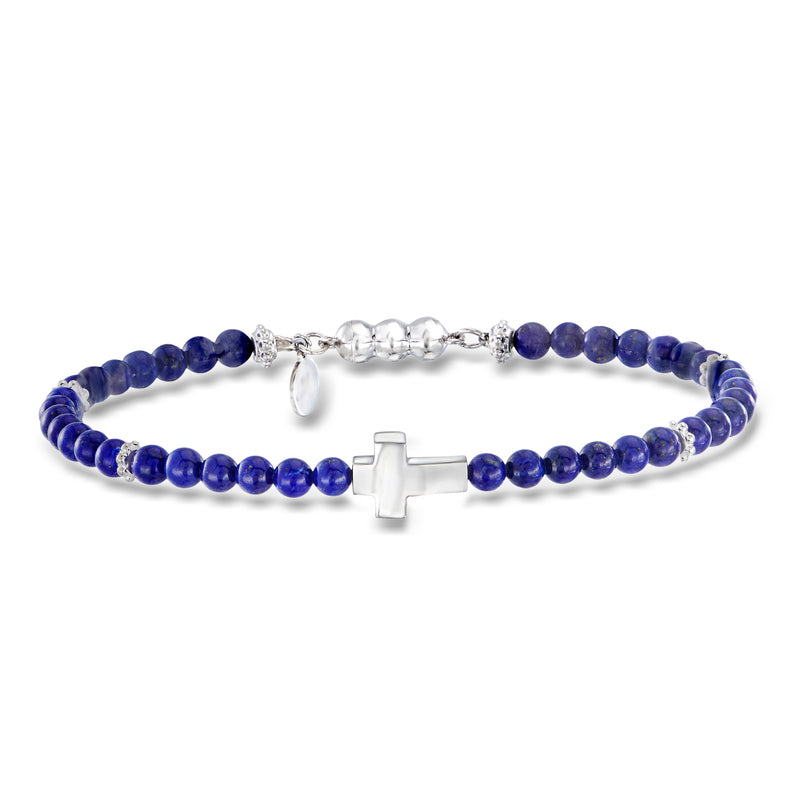 Sterling silver lapis bead cross bracelet with small cross charm and slider clasp