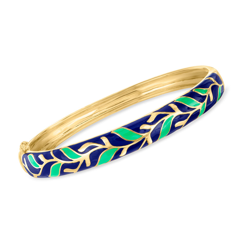 Gold-tone enamel leaf bangle bracelet with blue and green stripes