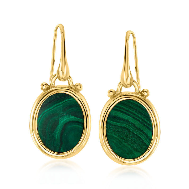 Oval malachite drop earrings with 18kt gold over sterling earwire, green stone
