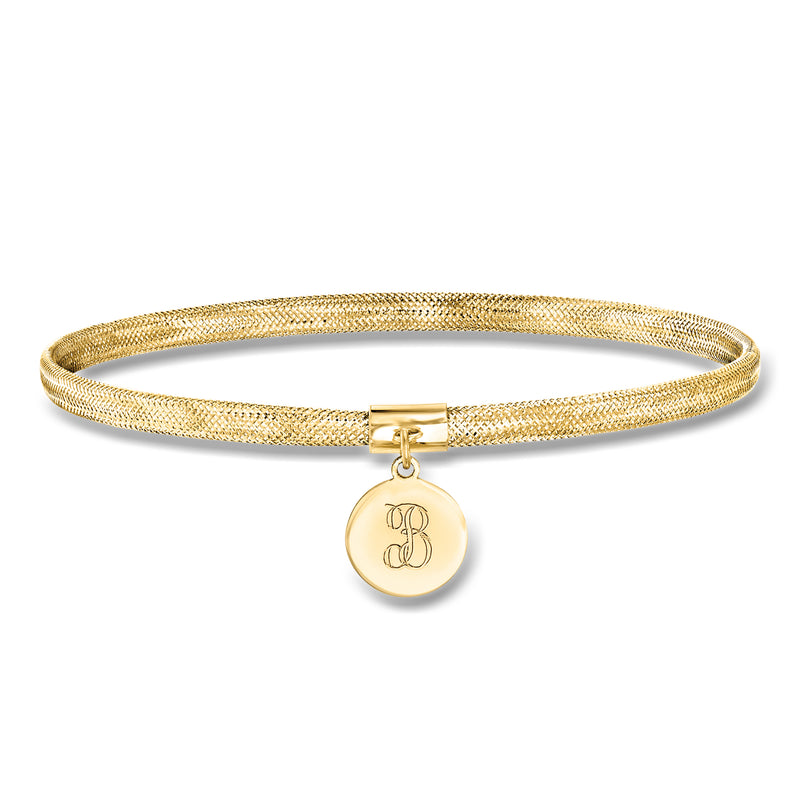 Yellow gold mesh bracelet with round engraved disc charm and clasp