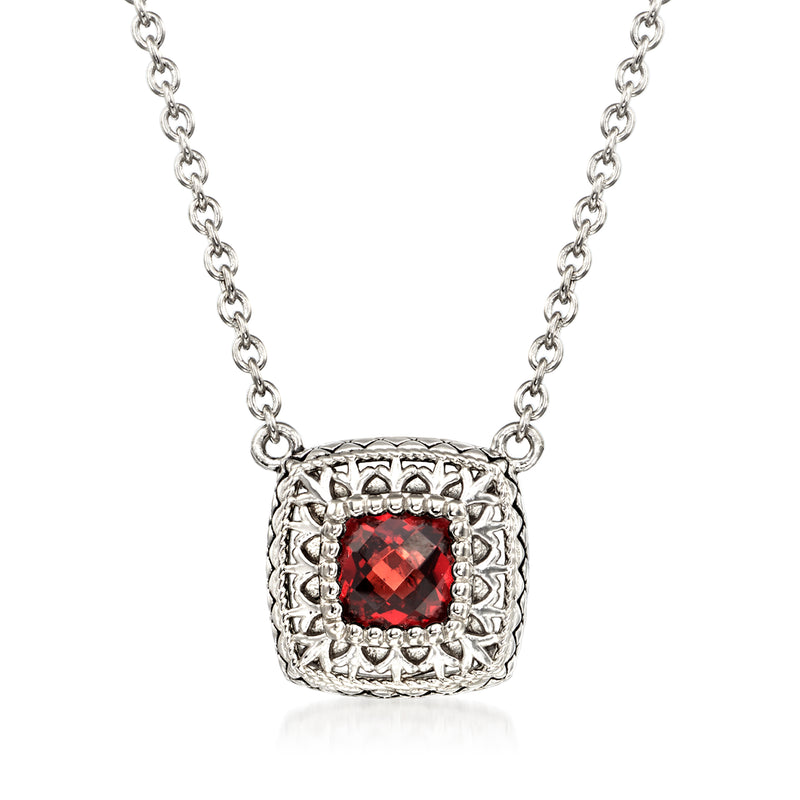 Sterling silver garnet necklace with square filigree pendant and red gemstone