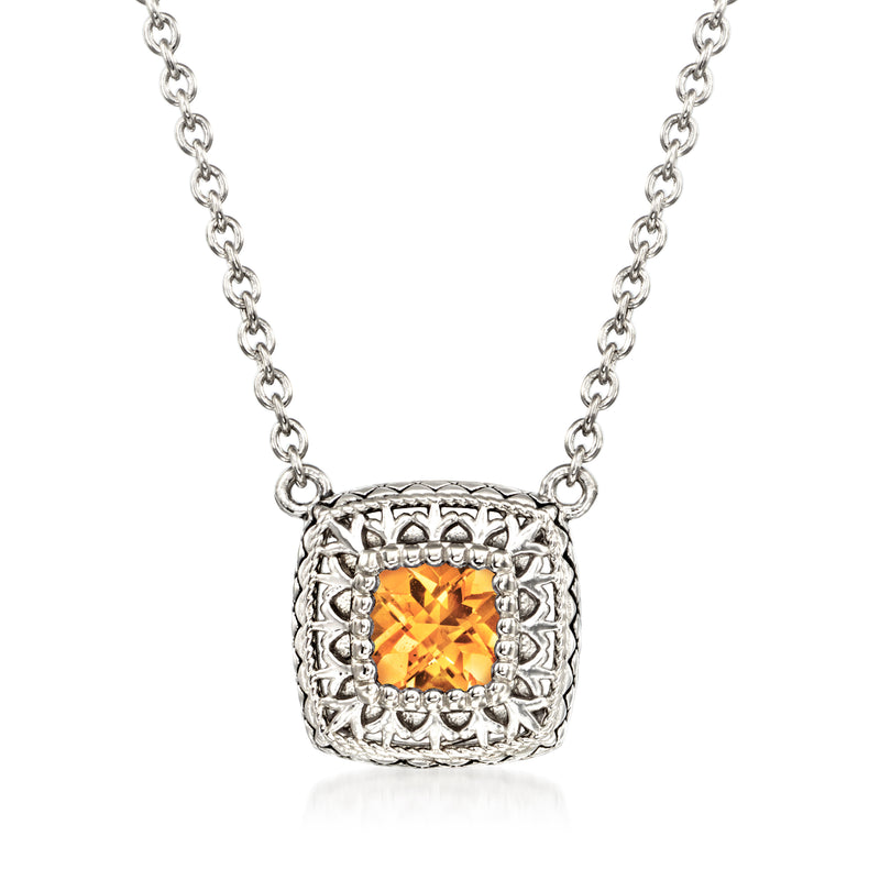 Sterling silver necklace with square filigree pendant and oval citrine gemstone, chain included
