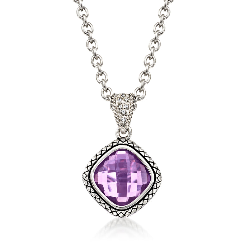 Sterling silver amethyst pendant necklace with diamond accents and chain