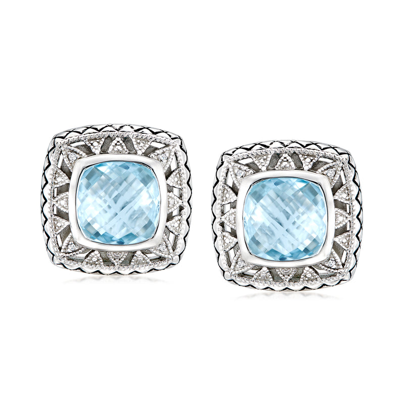 Sky blue topaz cushion halo earrings in sterling silver with diamond accents