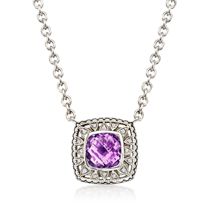 Sterling silver amethyst pendant necklace with square purple stone and diamond halo