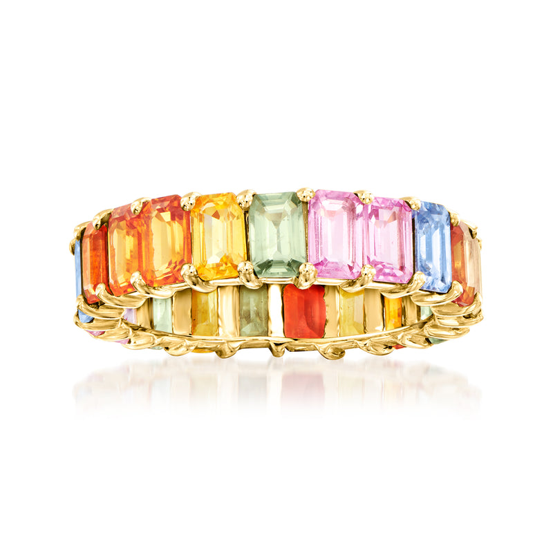Multicolored sapphire eternity band in 14kt yellow gold, multi-color square-cut stones