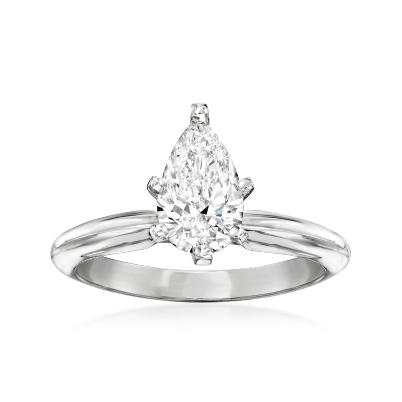 14kt white gold diamond solitaire ring with pear-cut center stone and split prongs