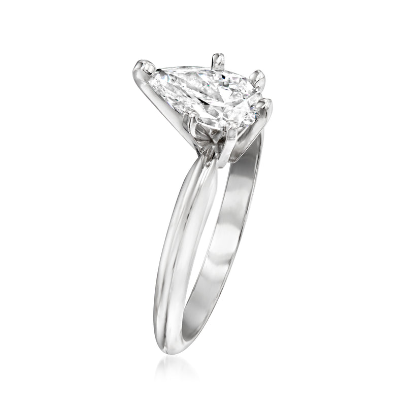 14kt white gold diamond solitaire ring with pear-cut diamond, angled side view