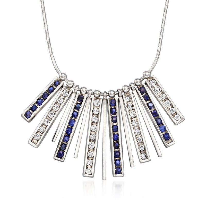 Sterling silver vintage bar drop necklace with sapphire and diamond fringe drops
