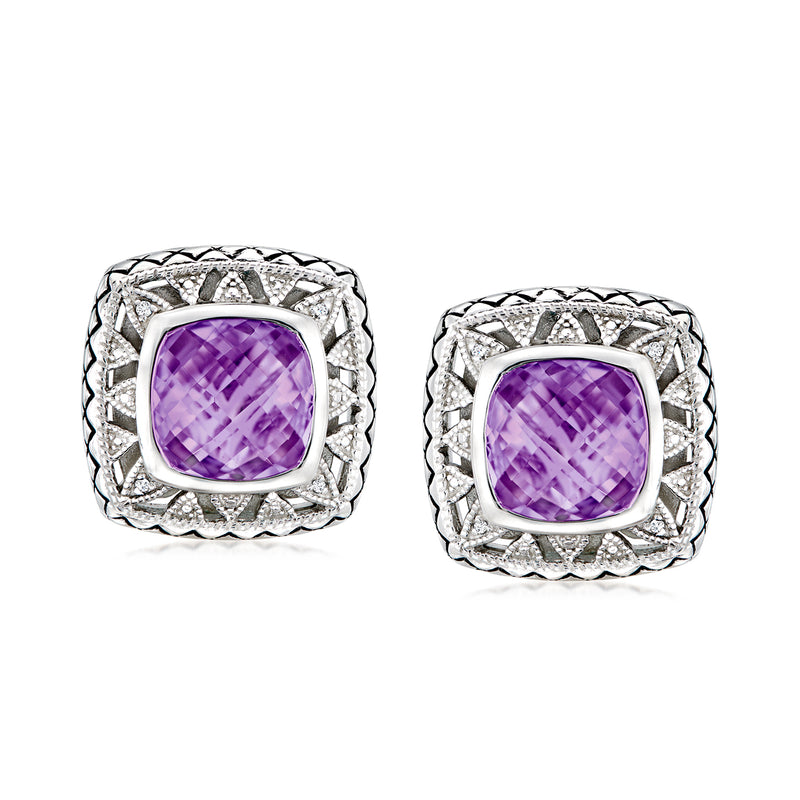 Sterling silver post earrings with square amethyst and diamond halo accents