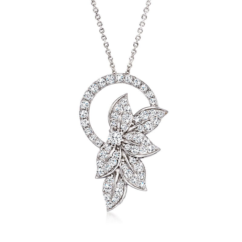 14kt white gold diamond leaf circle pendant necklace with round halo and 3 leaf drops
