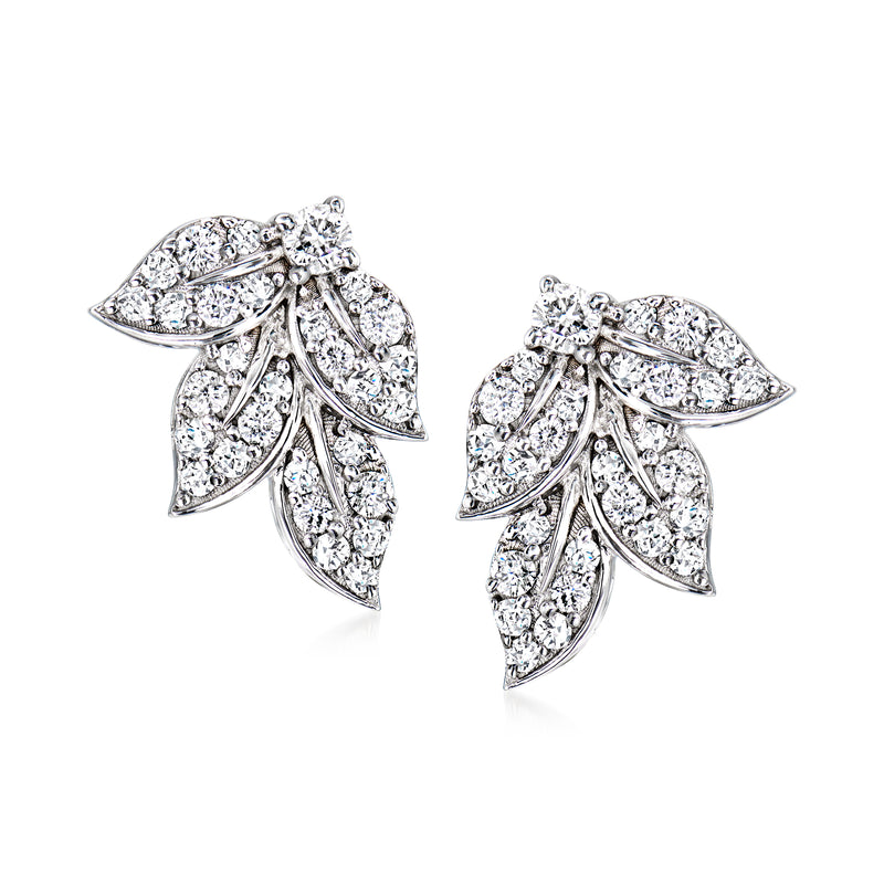 Diamond leaf stud earrings in 14kt white gold, pave sparkle with post backs