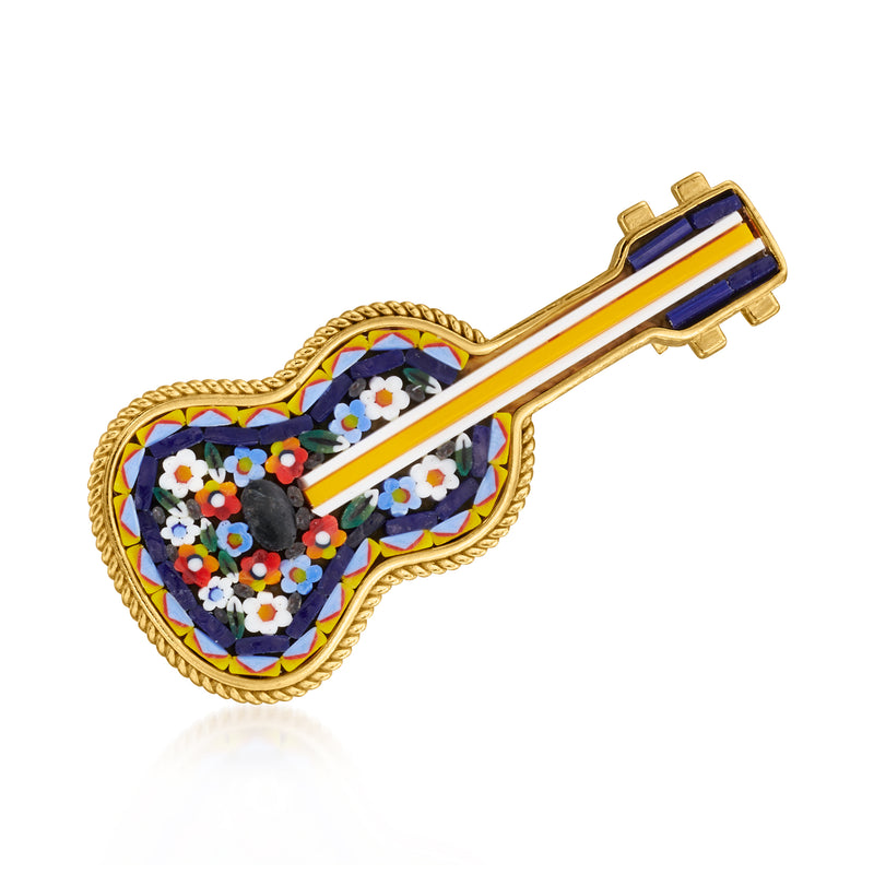 Gold-tone guitar lapel pin with multicolored Murano glass mosaic inlay