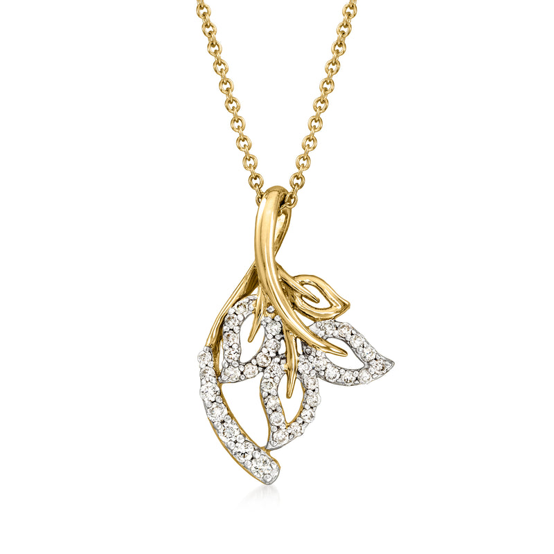 14kt yellow gold ivy leaf pendant necklace with round diamond accents