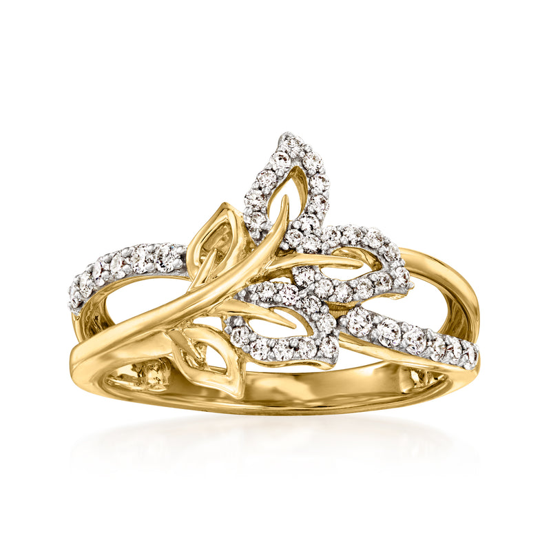 14kt yellow gold diamond ivy leaf ring with pavé leaves