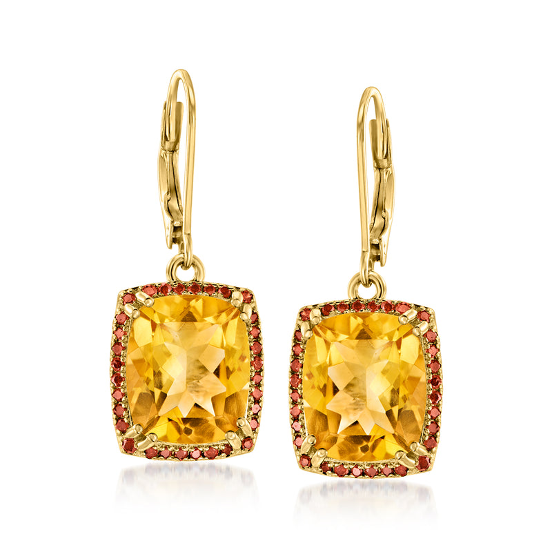 Leverback drop earrings in gold tone with yellow citrine-style stone and red accents