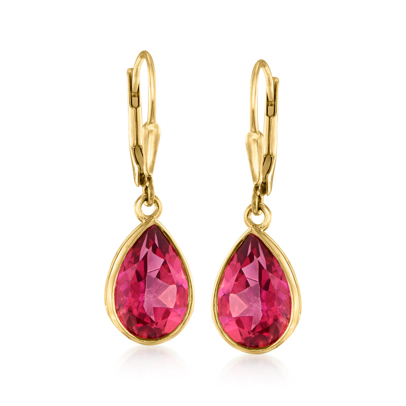 Gold-tone leverback drop earrings with pink teardrop faceted gemstones