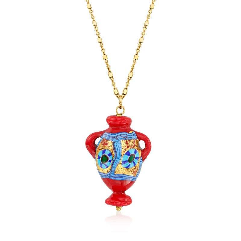 Multicolored Murano glass urn pendant necklace with gold chain and red blue detail