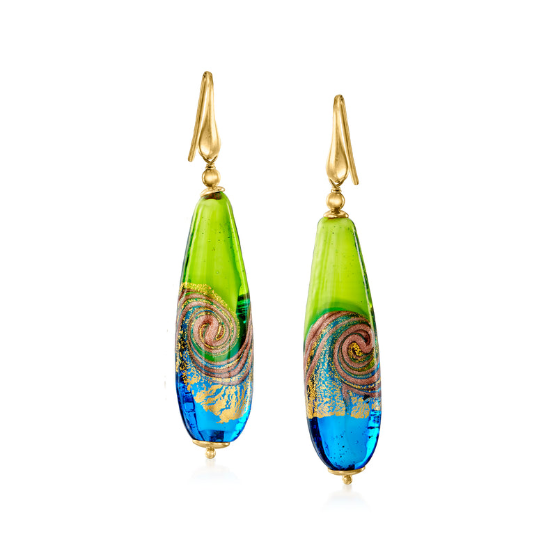 Elongated drop earrings with green and blue Murano glass teardrops on gold-tone hooks