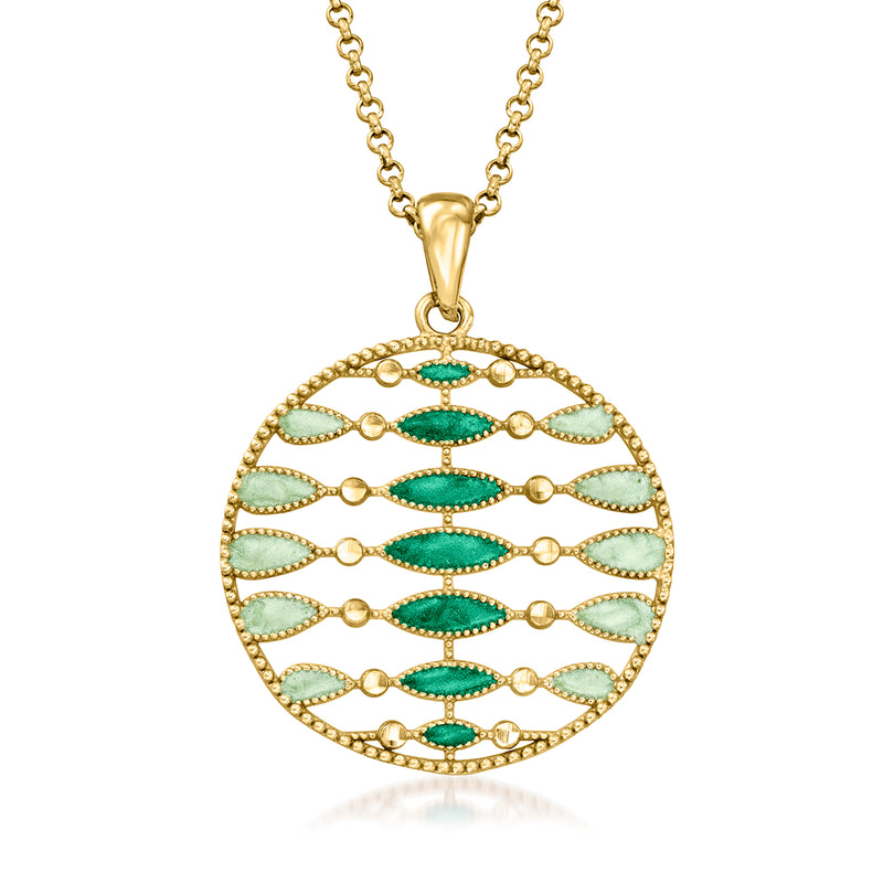 Gold-tone circle pendant necklace with green enamel open-space design