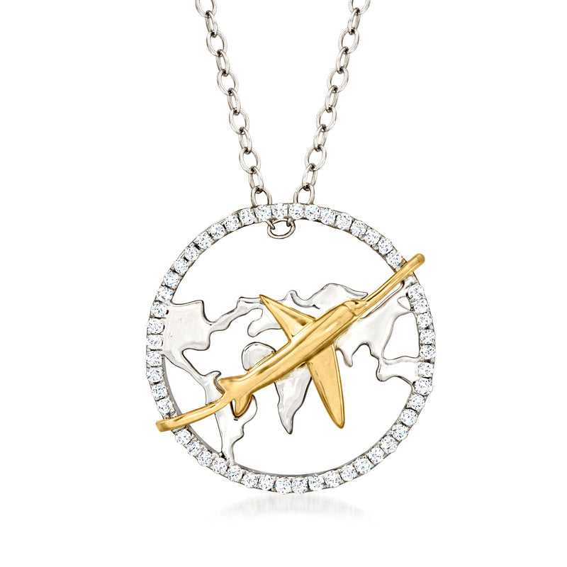 Two-tone sterling silver diamond globe pendant with gold airplane across center, link chain