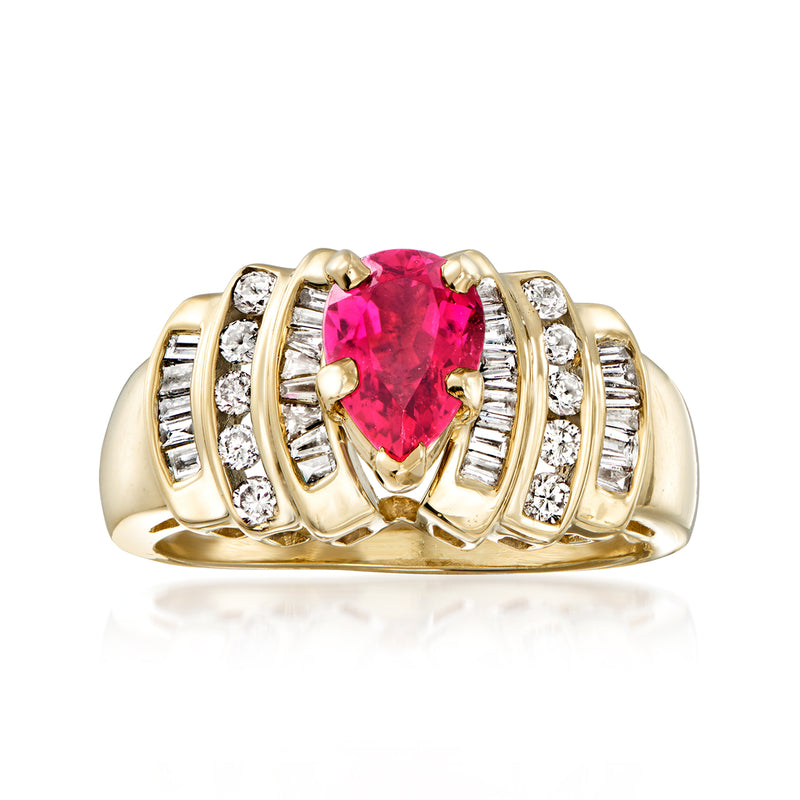 14kt yellow gold ring with oval pink tourmaline and baguette diamond accents
