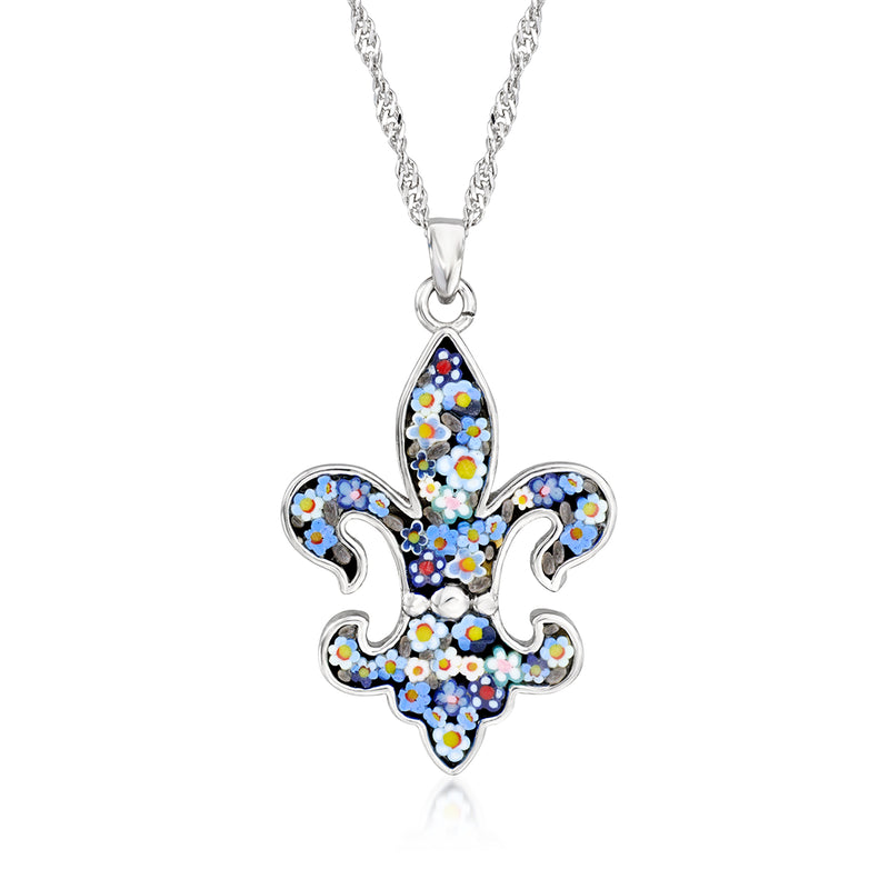 Sterling silver fleur-de-lis pendant with multicolored mosaic Murano-style glass, chain included