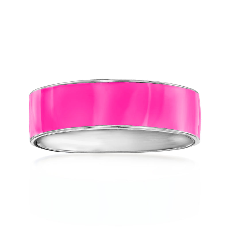 Sterling silver ring with pink enamel band, smooth rounded top and polished edge