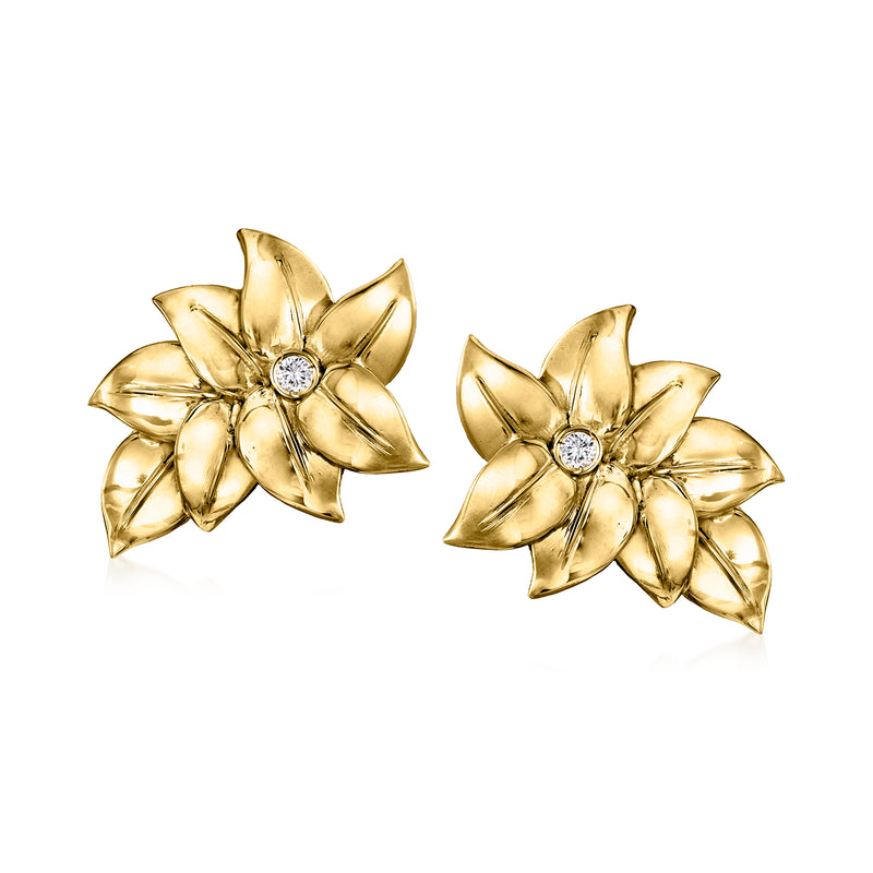 Vintage leaf diamond earrings in 18k yellow gold with round center stones