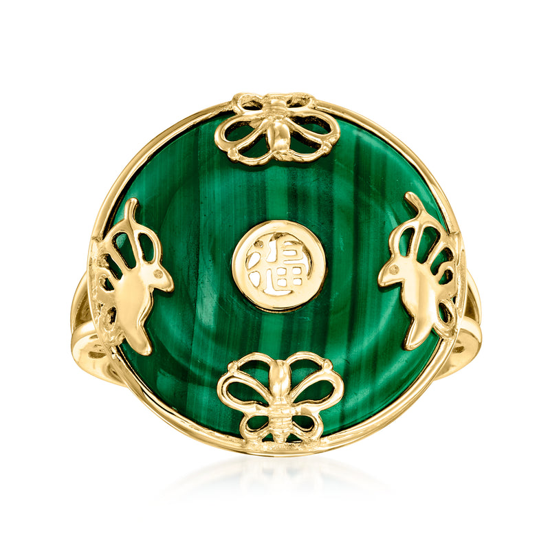 Green malachite oval butterfly ring with gold-tone setting and flower motifs