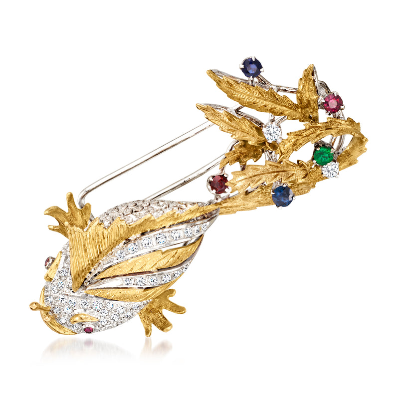 Vintage gold-and-silver fish pin with multi-color gemstones and clear stones, two-tone.