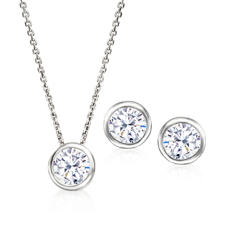 Sterling silver CZ bezel-set pendant and round stud earrings set with clear stones