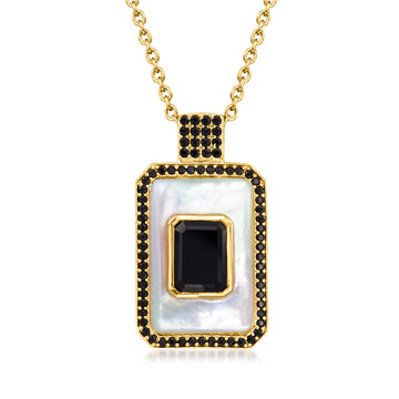 Mother-of-Pearl and Onyx Pendant Necklace with .70 ct. t.w. Black Spinel in 18kt Gold Over Sterling. 18"