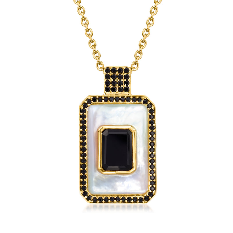 Mother-of-pearl pendant necklace with onyx center and black spinel accents