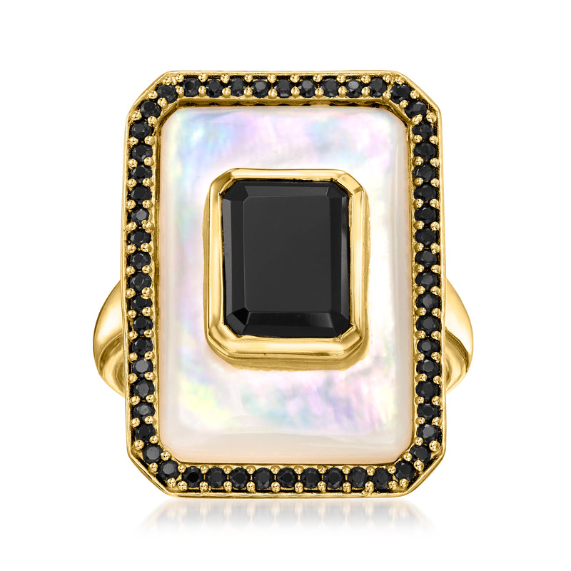 Gold ring with square mother-of-pearl inlay, black gemstone center, beaded halo