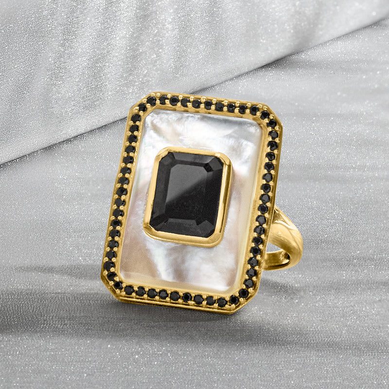 Gold square ring with black gemstone bezel set in mother-of-pearl, beaded border