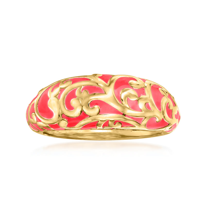 Gold ring with pink enamel swirl pattern