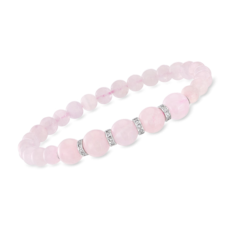Pink morganite bead stretch bracelet with diamond-look silver spacer details