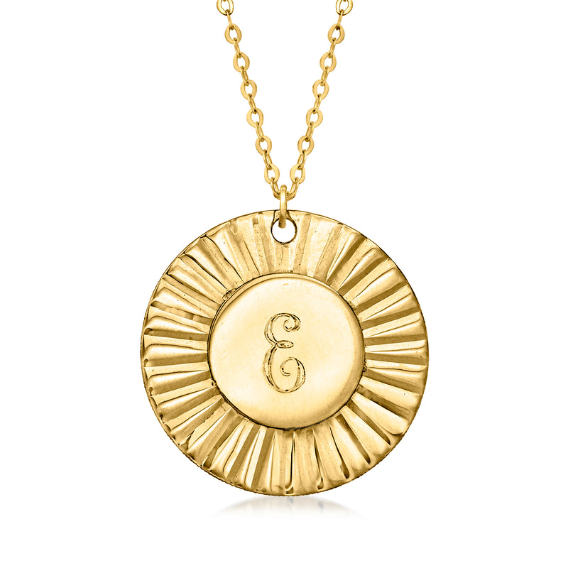 14kt yellow gold medallion pendant necklace, round faceted disc with engraved letter