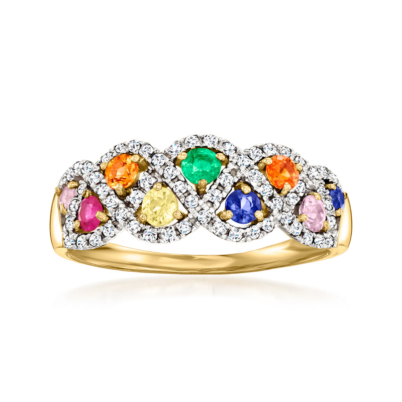 14kt yellow gold multi-gemstone ring with pear-cut colored stones and diamond accents