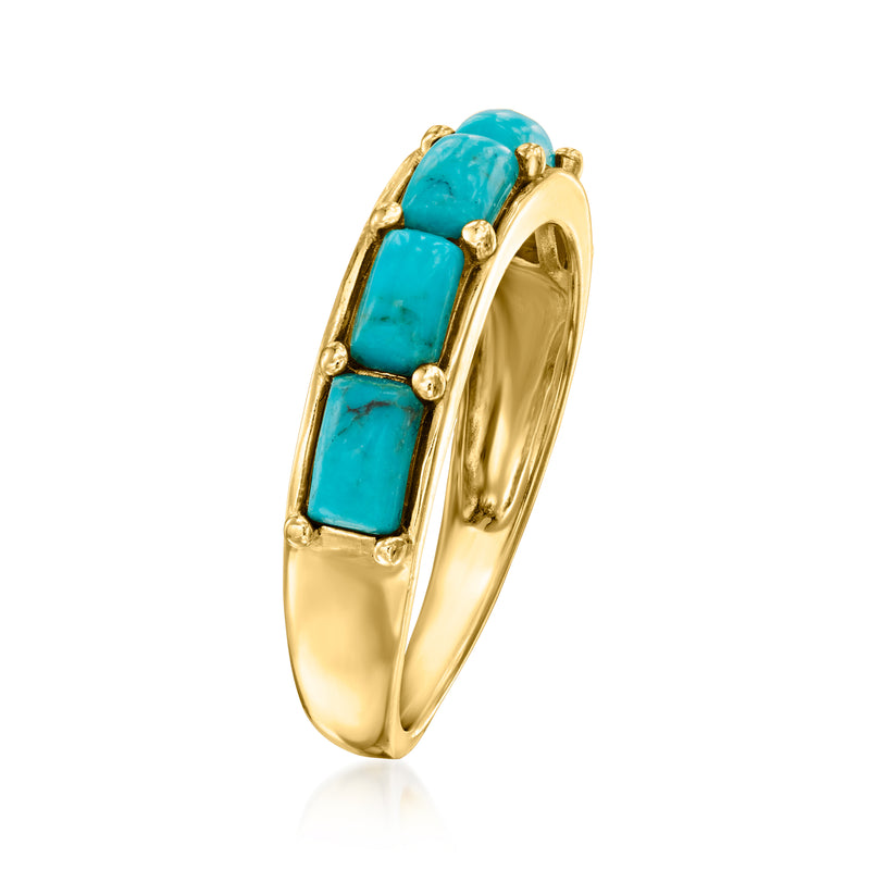 Gold band ring with three turquoise rectangular stones, side view, 18kt gold over sterling
